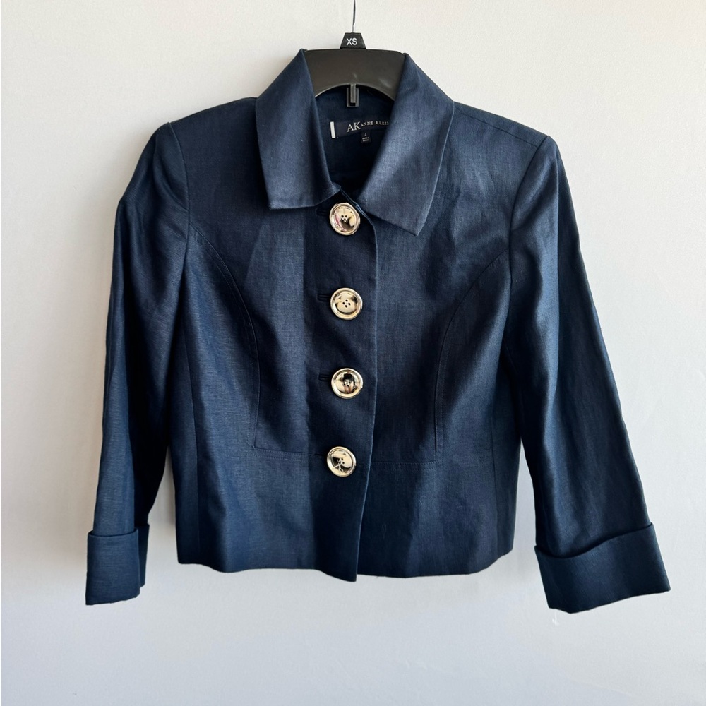 AK Anne Klein Dark Navy Cropped Blazer with Gold Buttons Size 4